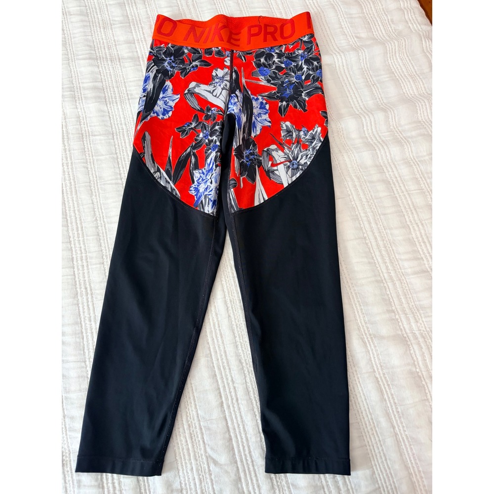 Nike Pro Womens Floral Print Athletic Leggings Black Red Blue Training Tights XS
